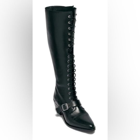 All Saints Savannah Black Over the Knee Boots with Lace-Up Design Size 38 - Picture 1 of 5